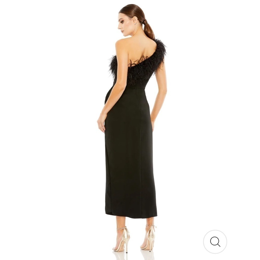 Mac Duggal FEATHER TRIM ONE SHOULDER DRAPED DRESS in black size 8. NEW $298 - Picture 3 of 11